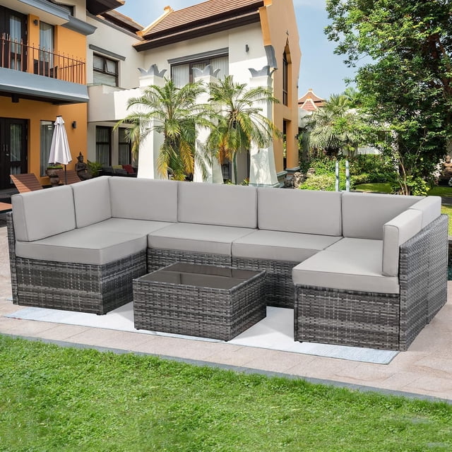 AECOJOY 7 PCS Patio Conversation Set, PE Rattan Wicker Outdoor Sectional Set with Cushions and Coffee Table, Patio Dining Set for Garden in Grey Rattan & Grey Cushion