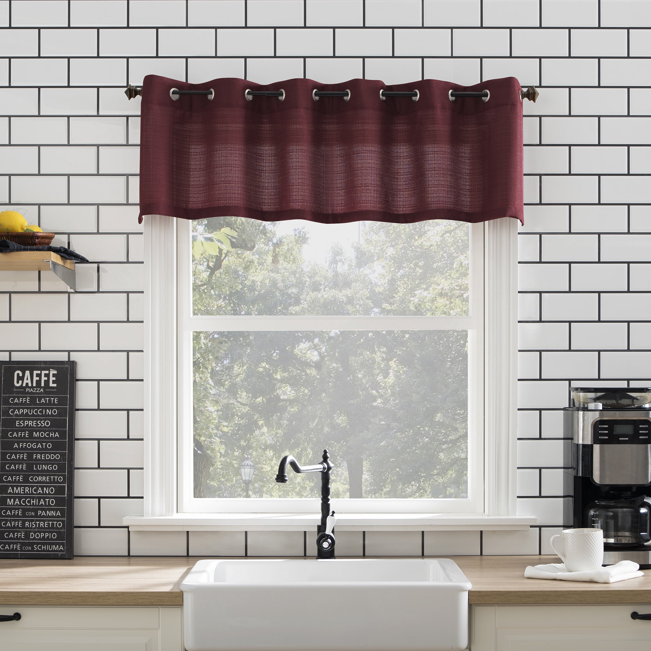 Mainstays Solid Semi Sheer Curtain Tier Pair and Valance Set, 3-Piece, Wine, 54" W x 36" L