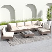 OPENAIRCOMFORT 7-Piece Sectional Outdoor Couch with Cushions and Coffee Table, Dark Brown/White