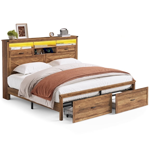 VASAGLE King Bed Frame with Storage Headboard, 51.3-Inch Tall Farmhouse Bed Frame King Size with 4 Drawers, LED Lights, Charging Station, Noise-Free, No Box Spring Needed, Honey Brown