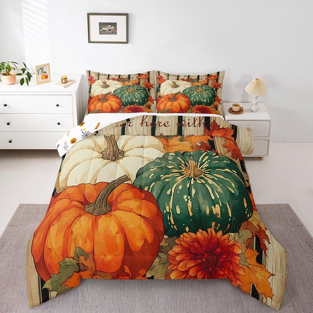 YST Ensemble de Literie Citrouille d'Automne pour Adultes, Ensemble de Couette Récolte d'Automne Format Grand Style Rustique de Ferme Ensembles de Couette pour Enfants Ados Femmes, Courtepointe Porte de Grange Campagnarde Décoration de Chambre pour l'Action de Grâce