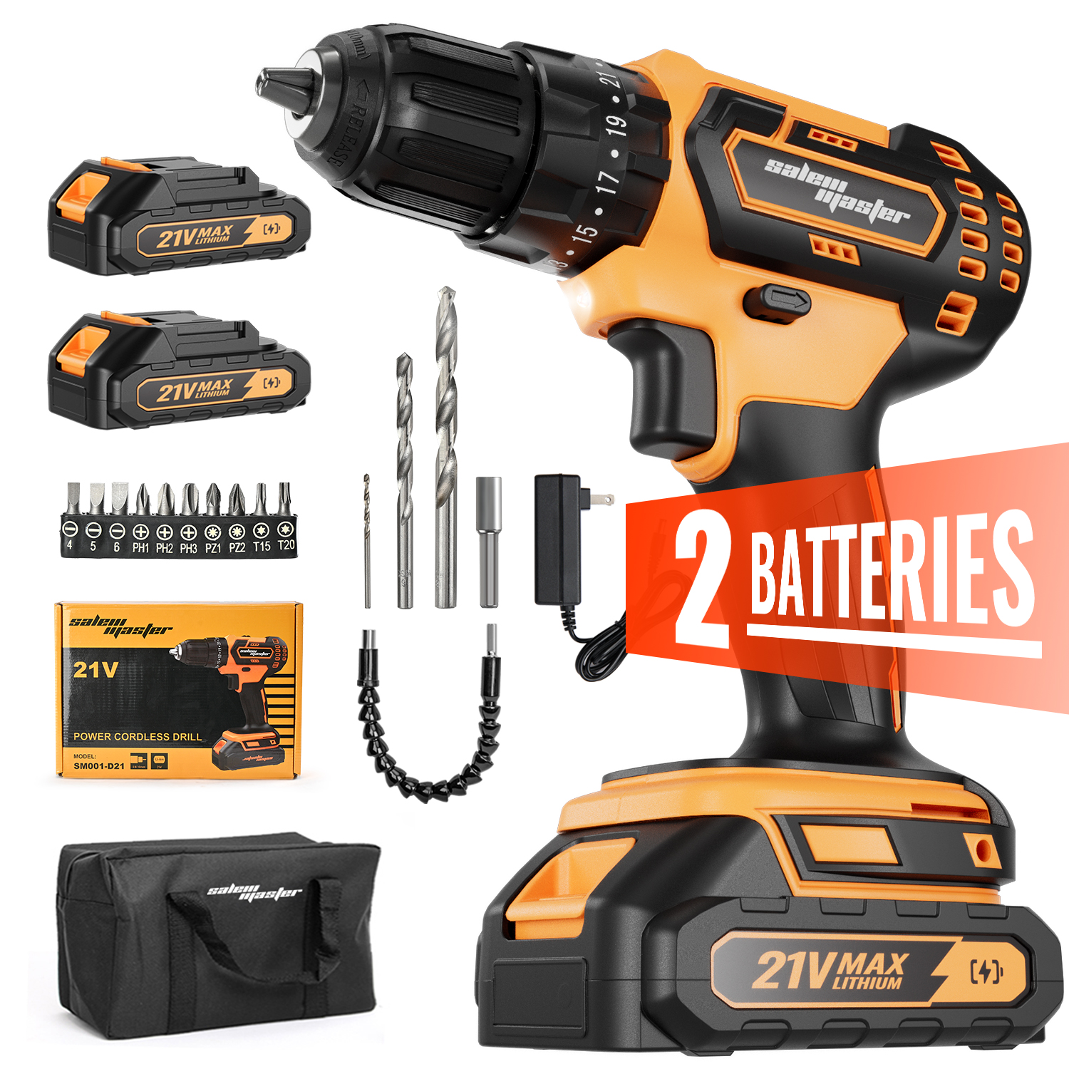 SALEM MASTER 21V 3/8'' Cordless Power Drill for Wall/Brick/Wood/Metal 2 Batteries