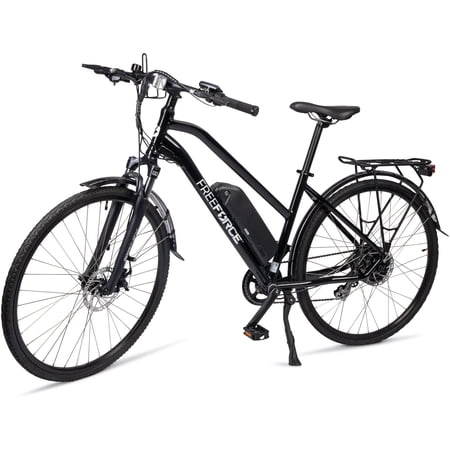 FreeForce Indy 18-in Electric Commuter Bike | Hybrid e-Bike for Adults  Thumb Throttle  Pedal Assist  and Shock Absorption | For Urban City Commuting to Work or School | Gloss Black