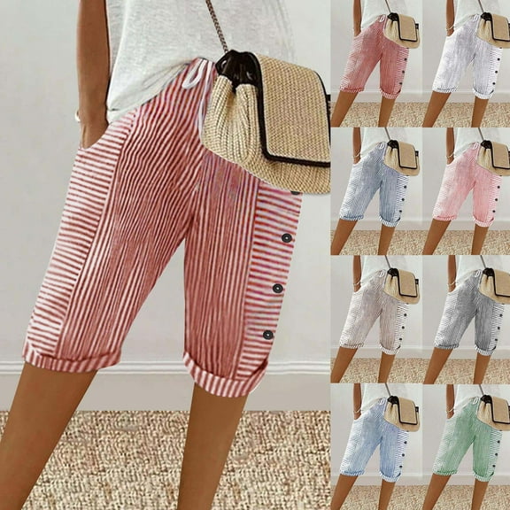 UVEASISHA Striped Shorts for Women Side Button Elastic Waist Drawstring Bermuda Shorts Summer Knee Length Casual Shorts with Pockets Blue XL