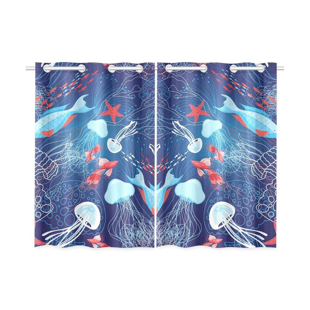 RYLABLUE Vector Bright Marine Pattern Of Jellyfish And Fish Window Curtain Window Treatments Kitchen Curtains 26x39 inches, 2 Pieces