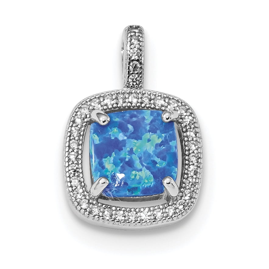 13.2mm 925 Sterling Silver Rhodium-plated Blue Square Simulated Opal With Cubic Zirconia Pendant 13.2mm 925 Sterling Silver Rhodium-plated Blue Square Simulated Opal With Cubic Zirconia Pendant