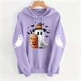 thumbnail image 4 of Women Drop Shoulder Spooky Season Hoodie Drawstring Kangaroo Pocket Fall Halloween Pullover Witch Hat Cute Ghost Pumpkin Spice Drink Bat Front Print Sweatshirt, 4 of 6