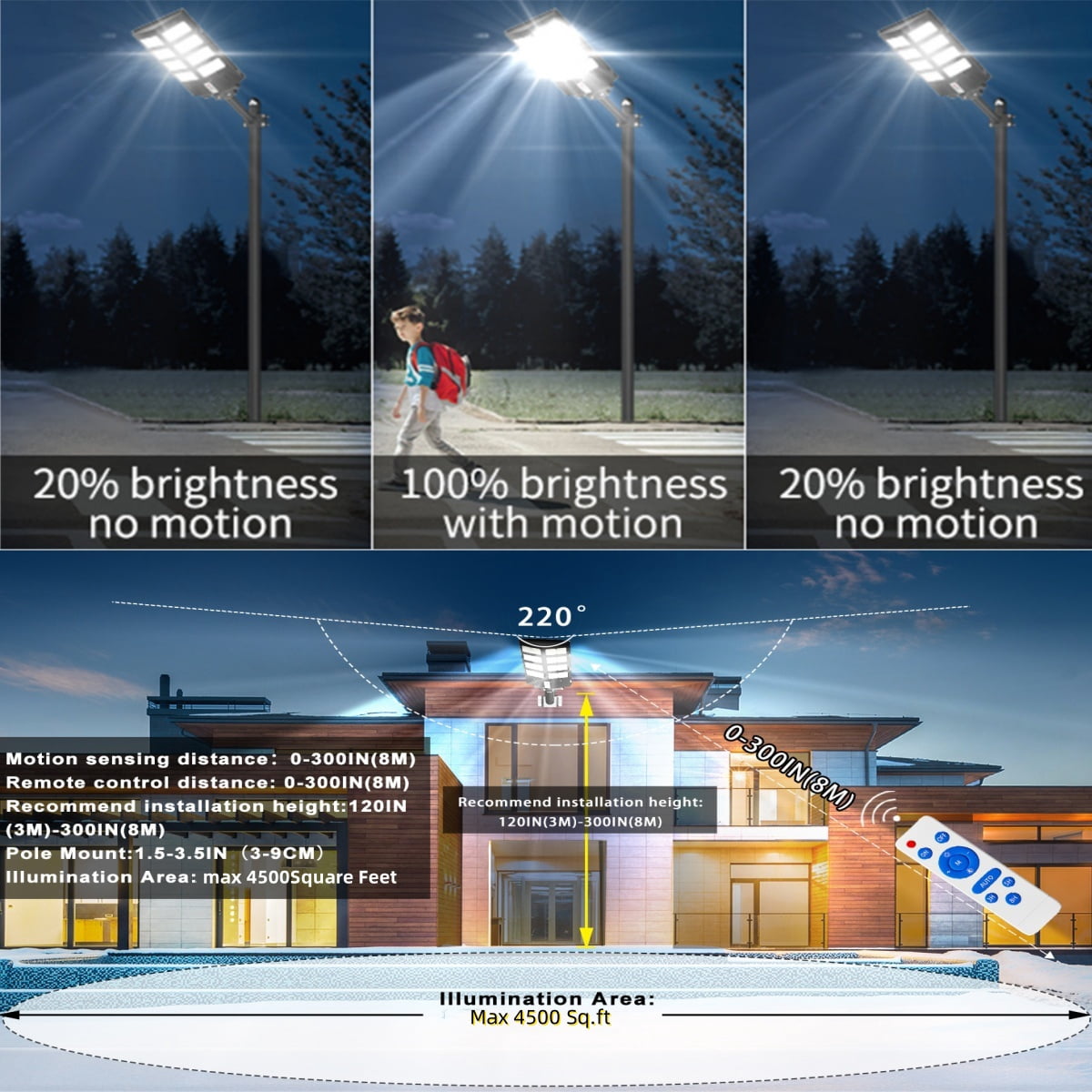 Gefolly Solar Street Light, 7500W 1650000LM, Motion Sensor, Waterproof, Outdoor Garden Driveway Lamp