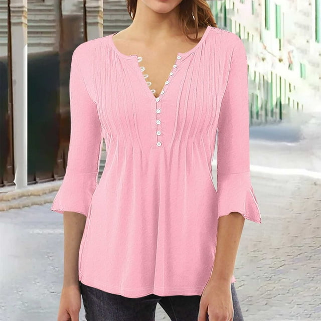 aidice T Shirts for Women V Neck Button 3/4 Bell-Sleeve Tops Trendy Spring Summer Causal Loose Solid Tees Blouses