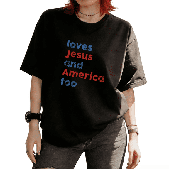 Cozymy Women's Loves Jesus And America Too Patriotic Graphic Short Sleeve T-Shirt daily wear Tees Tops