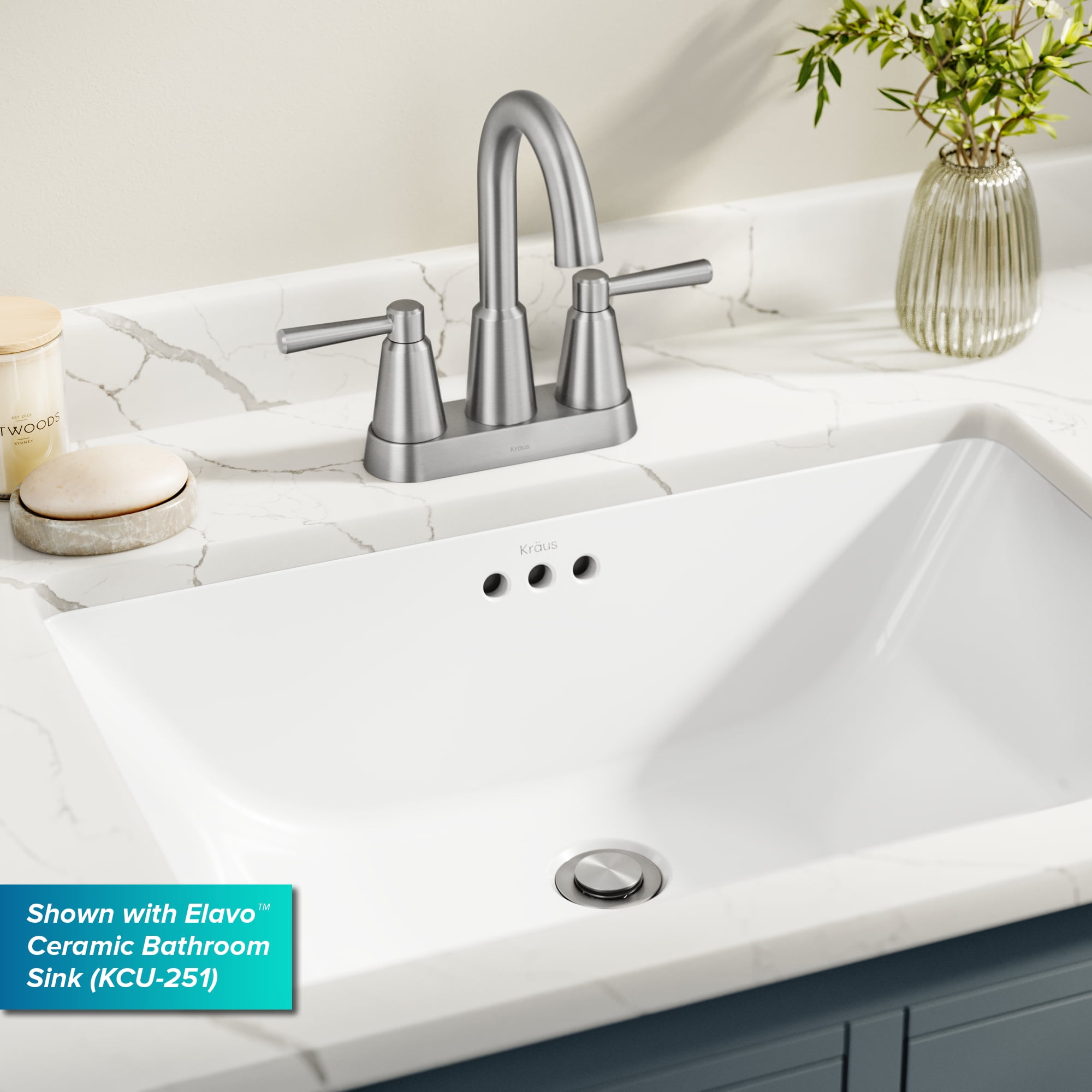 KRAUS Ramus 2-Handle 4-inch Centerset Bathroom Faucet in Spot-Free Brushed Nickel with Pop Up Drain and Supply Lines