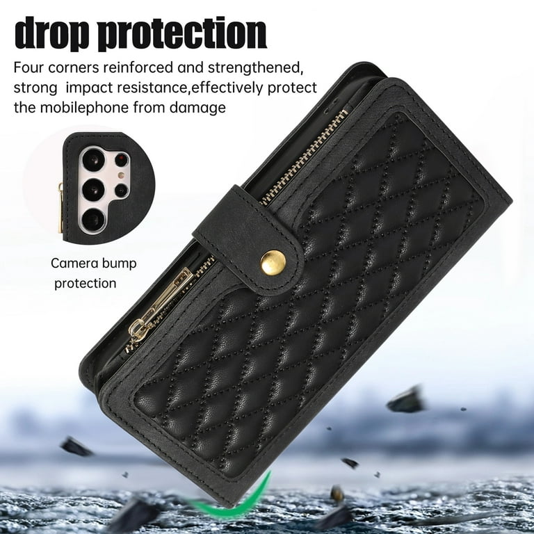 iPhone 13 Pro Leather Flip Wallet Case with Wrist Strap Black