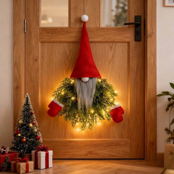 Homellea Lighted Christmas Gnome Decor, LED Santa Gnome Front Door Hanging Decor with Red Hat, Mittens and Greenery for Wall, Window, Fireplace, Porch and Holiday Home Decor, 21.65 in