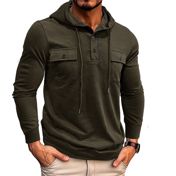 pstuiky Camisas de manga larga abrigadas para hombre, Sudadera con capucha para hombre, con botones sólidos, para entrenamiento, con múltiples bolsillos, para deportes al aire libre xxl