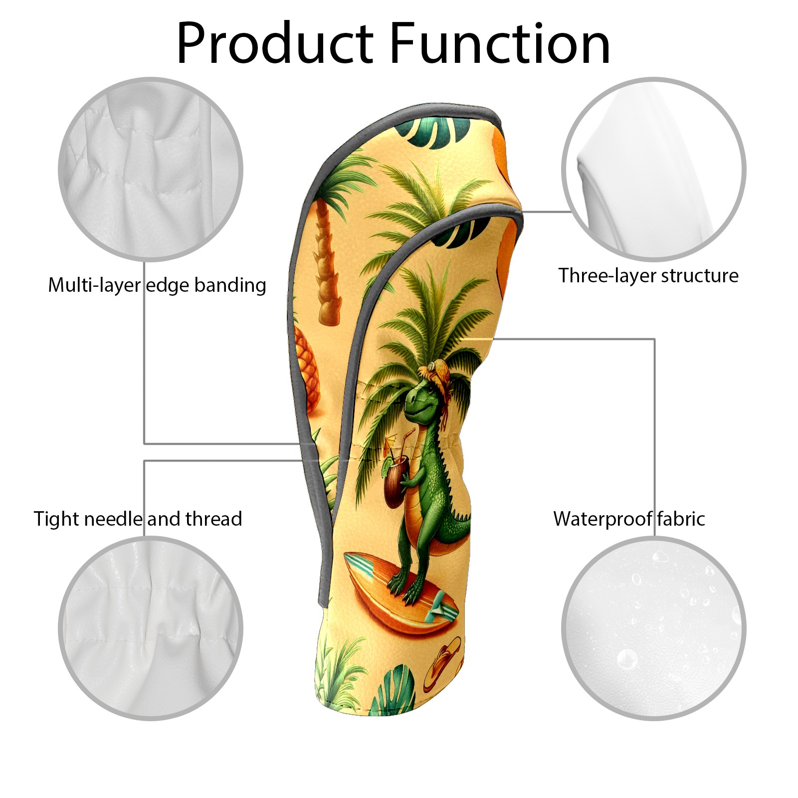 Golf Club Covers, Yellow Dino Surf Premium PU Leather Driver Hybrid Putter Head Covers with Velvet Lining, Waterproof Golf Gifts for Men Women