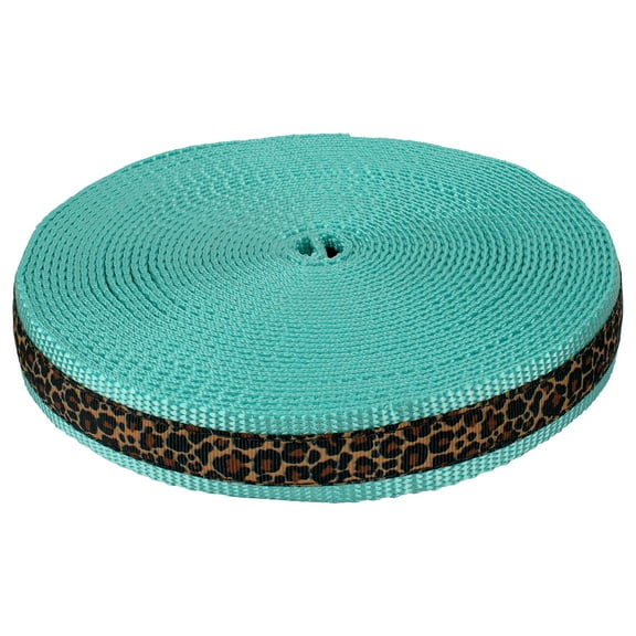 Country Brook Design - 5/8 Inch Leopard Print Ribbon on 1 Inch Light Cyan Nylon Webbing (50 Yards)