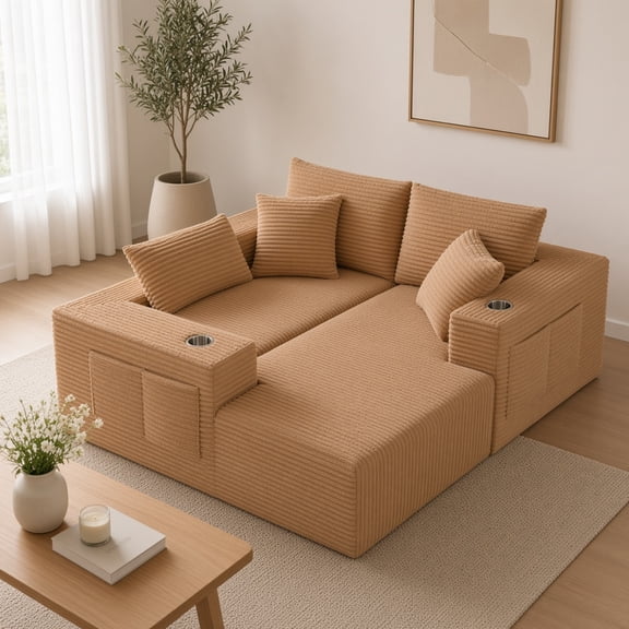 95" Modular Combination Sofa with L-Shaped Lounge, 4-Seater Boneless Design, Convertible Sofa Bed with Corduroy Fabric, Brown