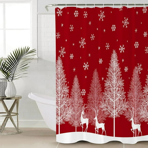 Polyester Fabric Red Christmas Tree Shower Curtain, Xmas Elk Winter Snowflake, Waterproof Bathtub Curtain Bathroom Decor Set with Hooks 36 x 72 Inches,