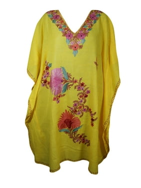Mogul Women Butter Yellow Embroidery Mid Length Caftan Dress V-Neck Kimono Sleeves Resort Wear Cover Up Tunic Kaftan Dresses 3XL