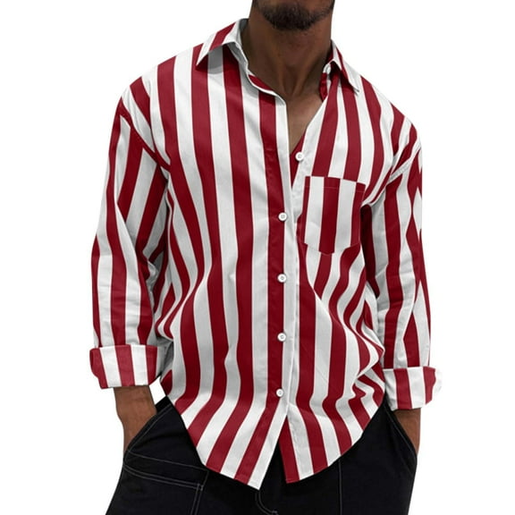FINALGANG Mens Long Sleeve Striped Shirt Color Block Button Down Collar Loose Fit Shirt With Bust Pocke For Casual Streetwear Daily Wear Red L