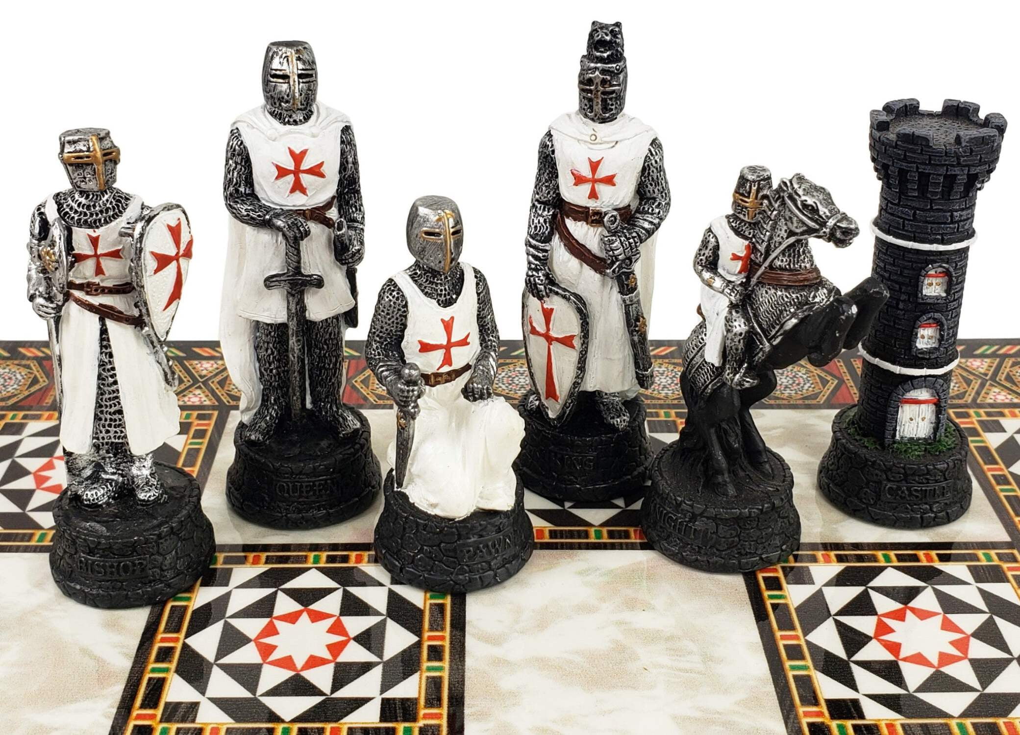 Medieval Times Crusades Red White Maltese Knight Chess Set 17" Mosaic Color BD