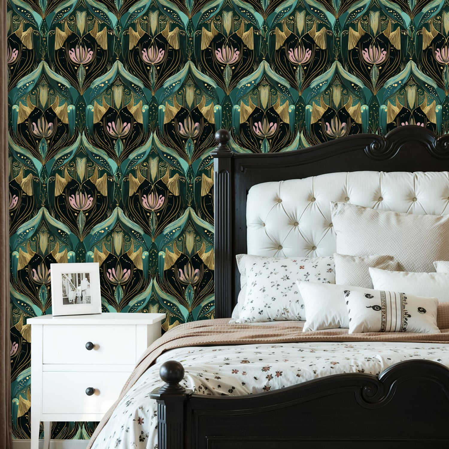 Vintage Peel and Stick Wallpaper Elegant Floral Gold Teal Accents Wall Mural 23.6in x 9.8ft Self Adhesive Removable Wall Paper Renter Friendly Wallpaper for Nursery Bedroom Cabinets