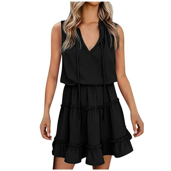 JGGSPWM Women's Sleeveless Drawstring V Neck Tiered Mini Dress Dresses Black 2XL