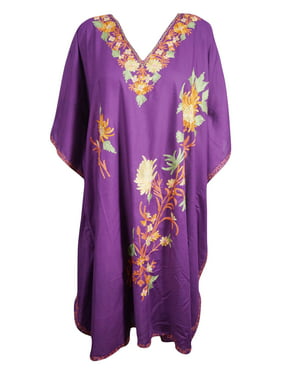 Mogul Womens Maxi Caftan Cotton Embellished PURPLE Floral Stylish Resort Wear Kimono Lounger Cover Up Kaftans One Size