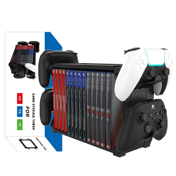 Video Game Storage Tower with Controller Controller Hooks for PS5/Switch/Xbox Series S & X, Universal Game Video Storage Organizer Game Disk Rack, Hold Up to 4 Controller and 15 CD Disc