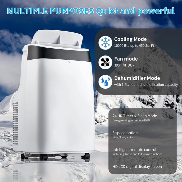 SLifet 10000 BTU Portable Air Conditioner - Cools Rooms Up To 450 Sq.Ft, Remote Control, 3-Speed