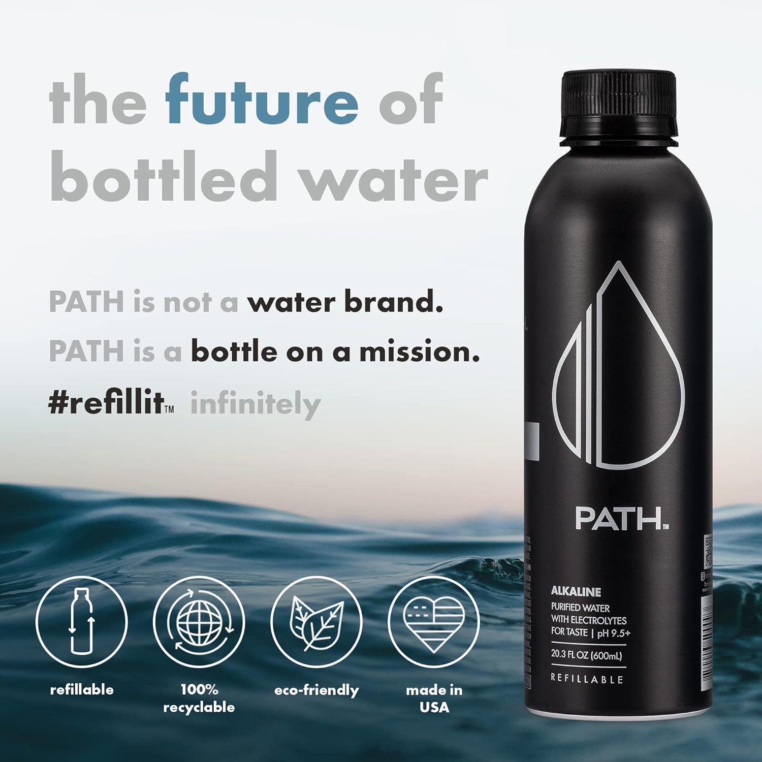 PATH Water Ultra-Purified Alkaline Water, 20 fl oz, 4 pack Aluminum Bottles