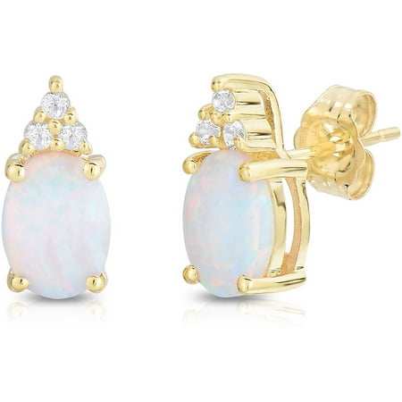 Created Opal and Genuine White Topaz 10kt Yellow Gold Earrings