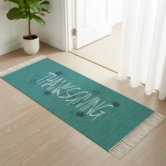 Thanksgiving Words on Green Boho Hallway Runner Rug 2x4ft, Kitchen Runner Rug Tassel Rugs, Fall Maple Leaves Area Rugs Floor Carpet for Living Room Bedroom Entryway