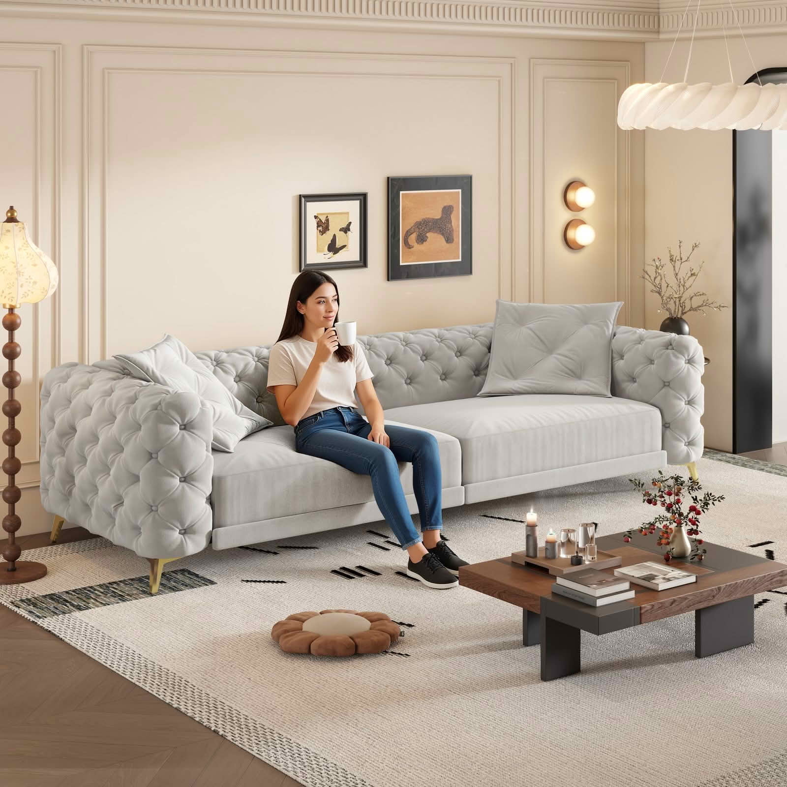 MAYEERTY 97.7" 3‑in‑1 Convertible Sleeper Sofa Bed, Deep‑Seat Tufted Velvet 4‑Seater Couch with Movable Ottoman, 2 Pillows Included