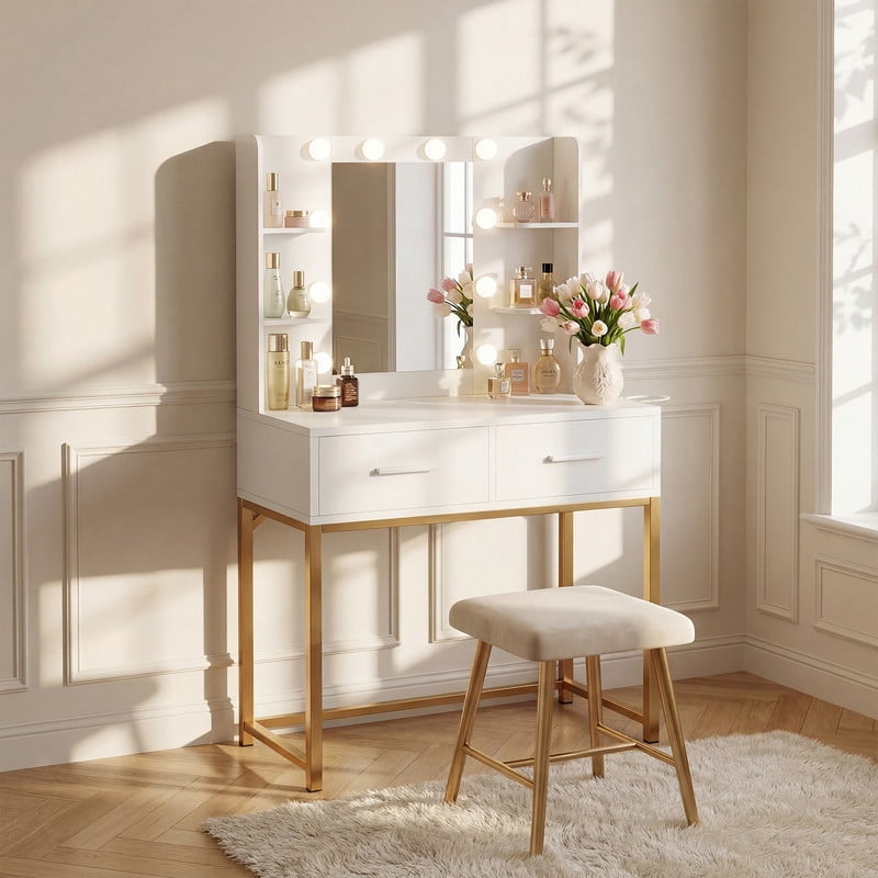 Treevan White & Gold Makeup Vanity Desk with Hollywood LED Mirror, Charging Station, 3 Color Dimmable Lights for Bedroom