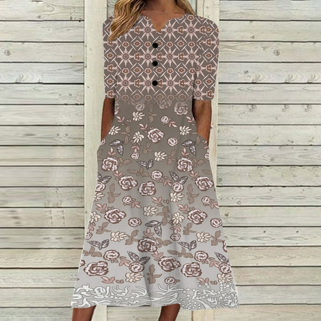 Jusqu'à 65 % de Réduction! Robes d'Été Mode pour Femmes 2024 Grande Taille Décontractée Manches Courtes Col en V Robe Imprimée Robe Ample