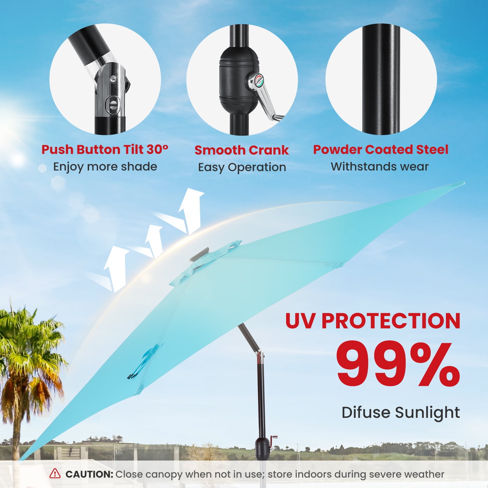 EDX 10ft Solar Polyester 32 LED Lighted Patio Umbrella with Tilt Adjustment and UV-Resistant Fabric,Lake Blue