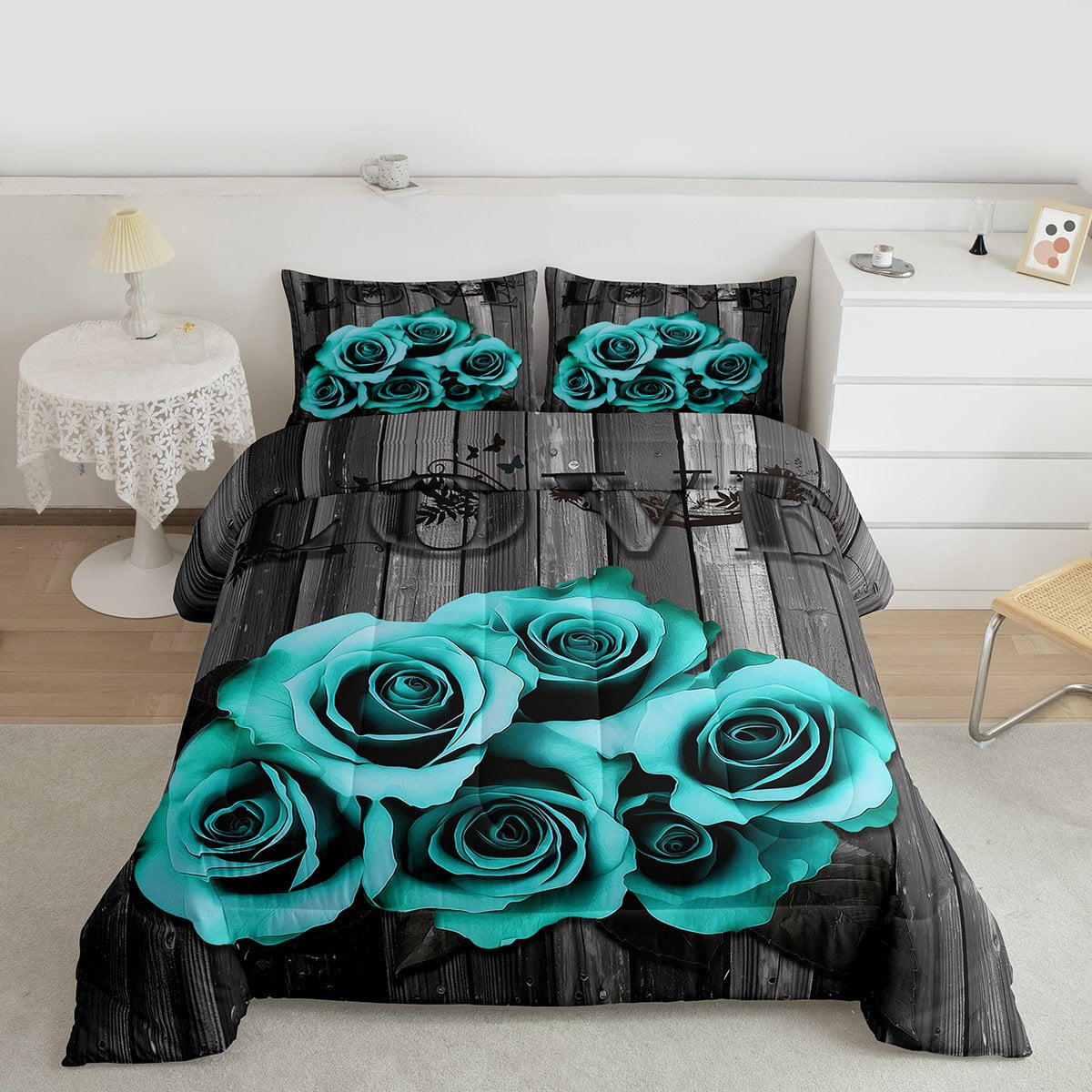 Turquoise Grey Bedding Set Teal Rose Flowers Comforter Set Full Men Women Valentine'S Day Wedding Comforter Gifts For Couple Lover,Country Rose Floral Quilt Duvet Insert 2 Pillow Cases
