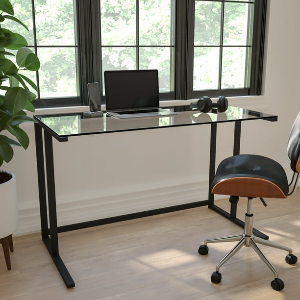 Flash Furniture Glass Desk with Black Pedestal Metal Frame Walmart