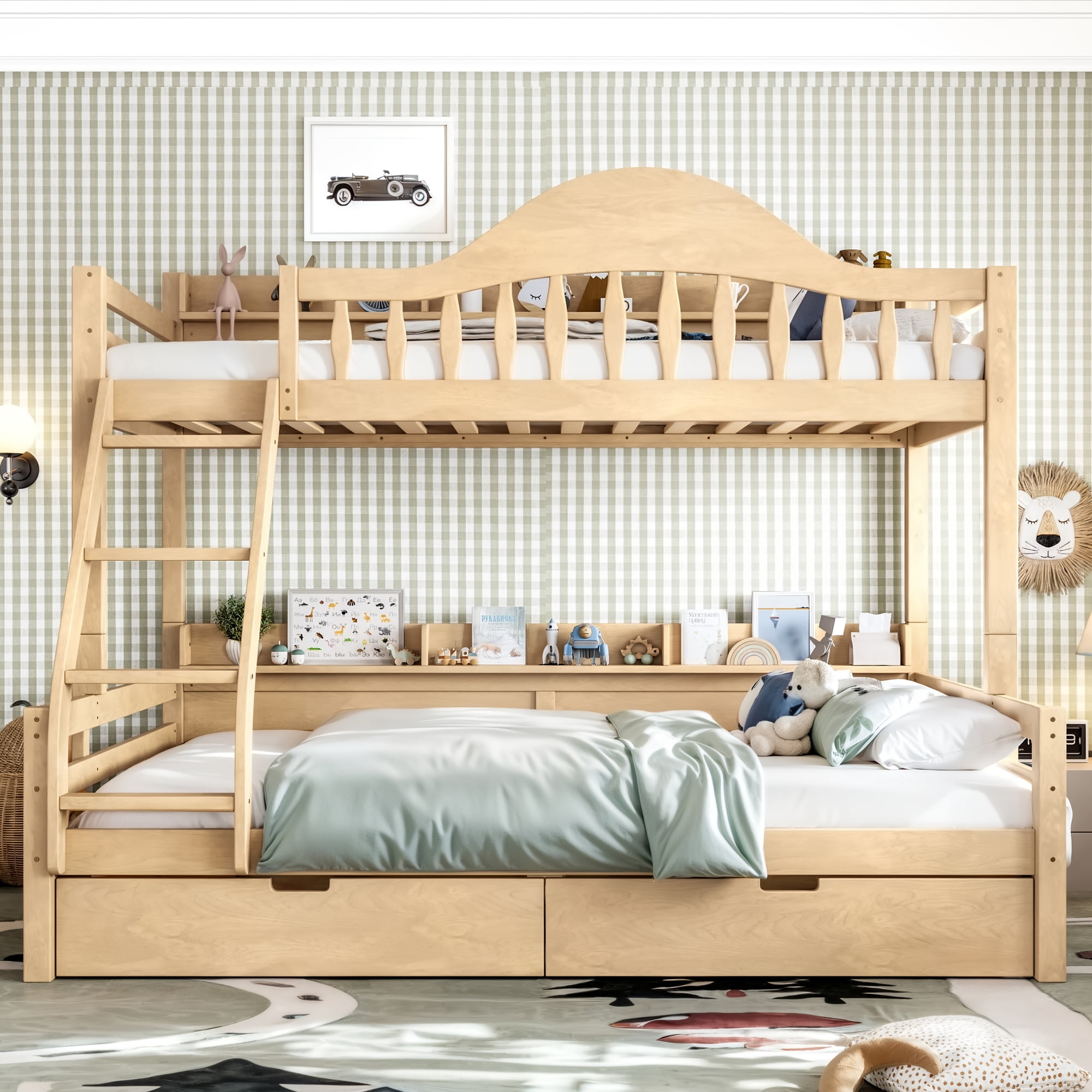 Leumius Twin over Full Bunk Bed with Storage Drawers, Chic Curved Guardrail & Side Storage Shelves, Bunk Bed Frame with Ladder Natural