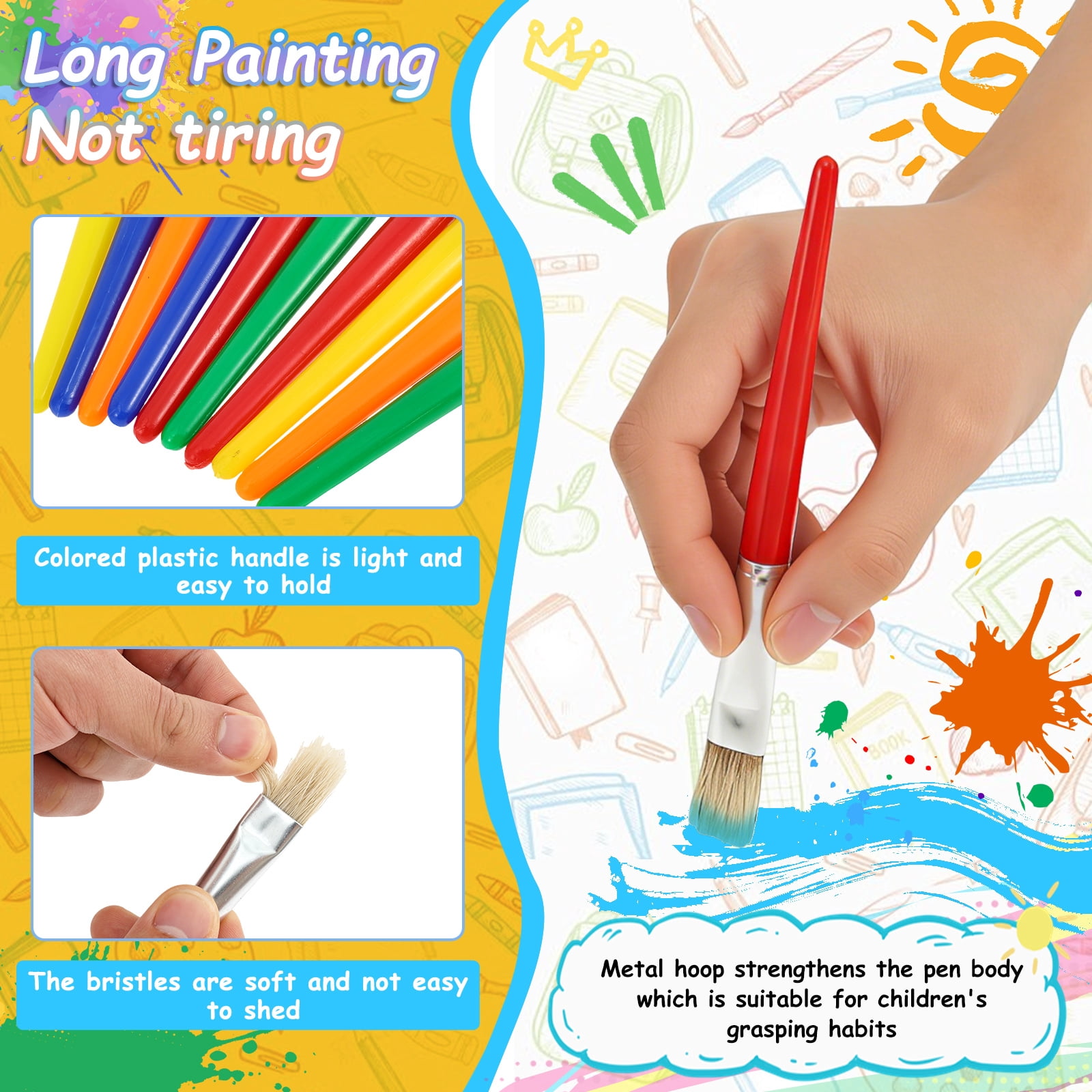 48Pcs Toddler Paint Brushes Set, Large Chubby Round & Flat Brushes with Plastic Handle – for Kids Beginners, Washable & Acrylic Paint Art Supplies