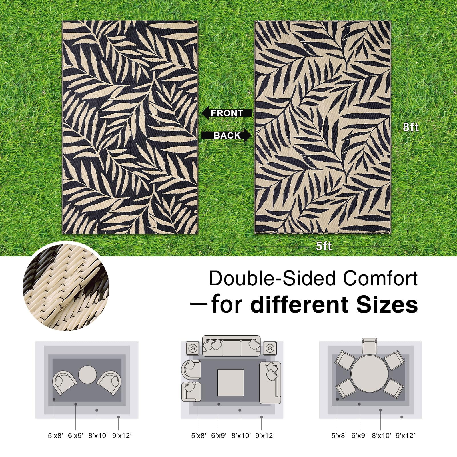 Smiry Outdoor Rugs 5x8, Waterproof Plastic Straw Indoor Outdoor Mat for Patio, RV Camping, Deck,Porch, Black & Beige