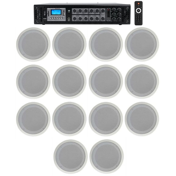Rockville 6-Zone Amplifier (14) 8" 2-Way White Ceiling Speakers For Restaurant