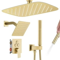 Brushed Gold Rainfall Shower System with Push-Button Diverter, Square UFO Rain Shower Trim Kit for Ceiling and Wall Mount, 2-Function Handheld Shower, Rough-in Valve, and Shower Faucet Set