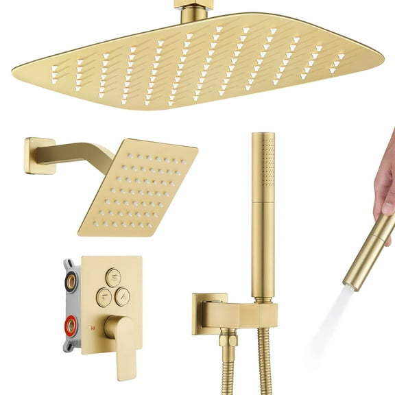 Brushed Gold Rainfall Shower System with Push-Button Diverter, Square UFO Rain Shower Trim Kit for Ceiling and Wall Mount, 2-Function Handheld Shower, Rough-in Valve, and Shower Faucet Set