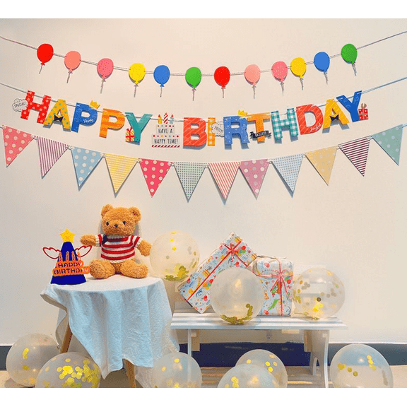 Happy Birthday Banner Set, Colorful Balloon Garland, Triangle Bunting Flags, Party Decoration Kit