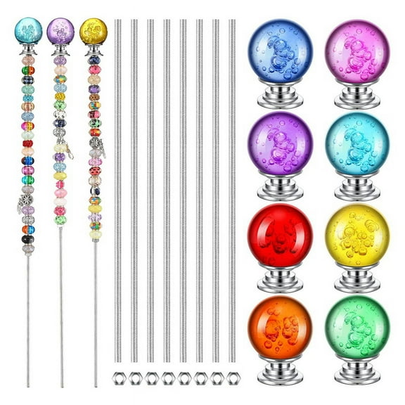 DIY Garden Beaded Stakes Kit Include 8 Pcs 8/32 Inch 12 Inch Threaded Rods, 8 Pcs Hex Nuts and 8 Diamond Stopper