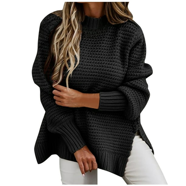 Gabardina para mujer Sueteres de mujer Medio cuello Sueter suelto de color solido Top Manga larga Elegante Grueso Sueter calido Blusa Negro S Walmart en linea