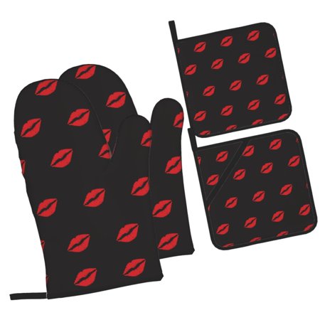 ZICANCN Oven Mitts and Pot Holders Sets , Romantic Love Hearts Baking Sets for Kitchen BBQ Gloves Heat Resistant Cooking 4 Pieces