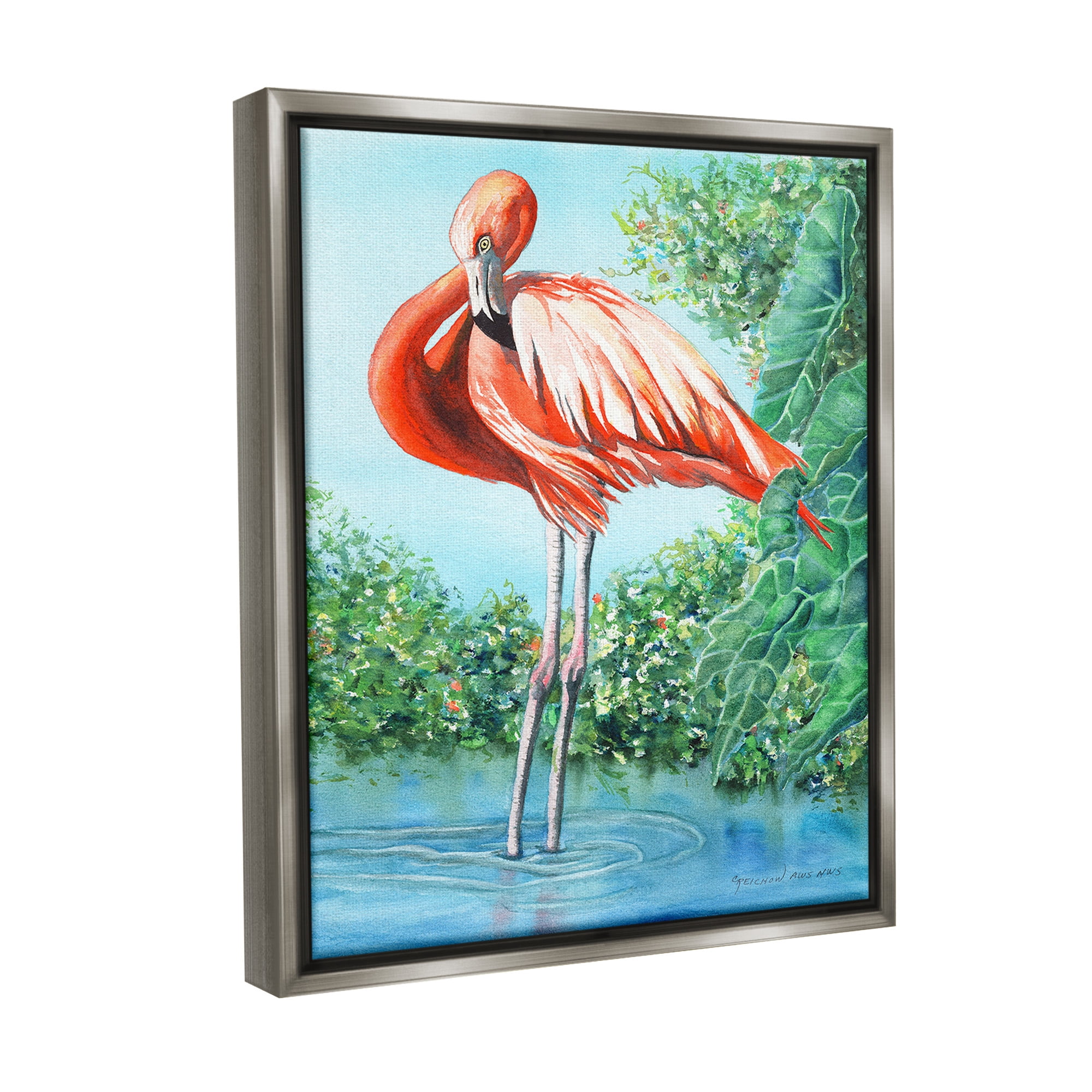 Stupell Industries Flamingo & Lush Nature Animals & Insects Painting Gray Floater Framed Canvas Art Print Wall Art, 17 x 21